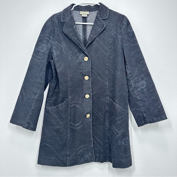 Vintage Dark Wash Denim Trenchcoat Swirl Eclectic 90s Women's Size Medium Petite - Picture 1 of 6